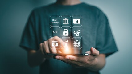 Person using a smartphone to interact with a digital interface displaying icons related to open banking and financial technology services
