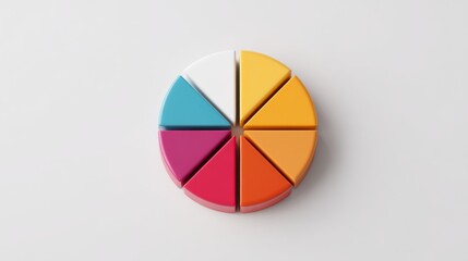 Fototapeta premium Colorful pie chart on a plain white background, segmented in bold colors with a shadow effect for a clean and visually appealing presentation