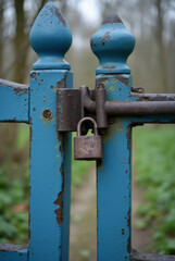 Ukrainian Village Faded Blue Metal Pedestrian Gate with Basic Padlock