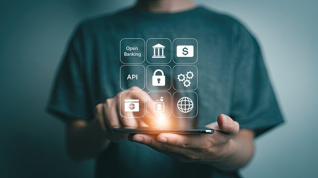 Person using a smartphone to interact with a digital interface displaying icons related to open banking and financial technology services