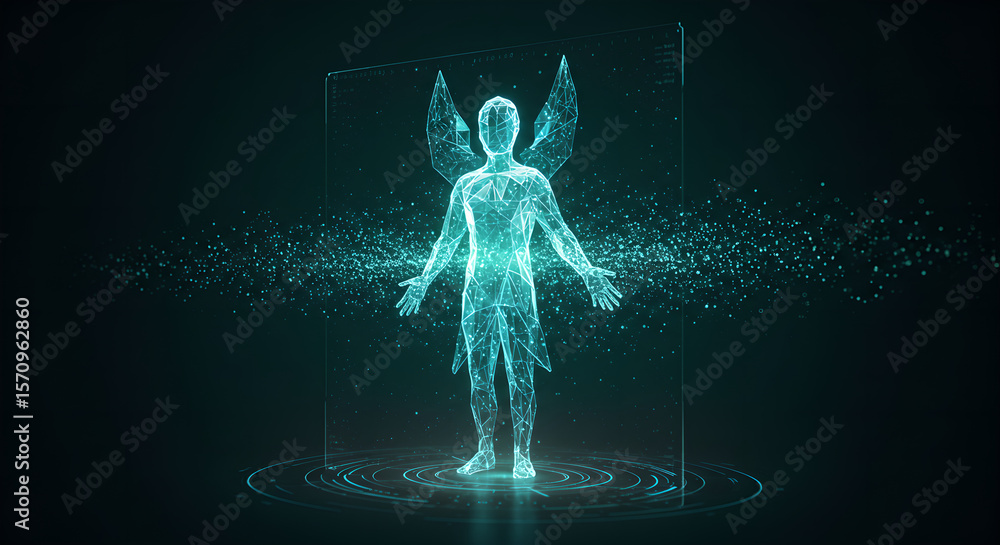 Poster digital human model with glowing wings within a data interface. concept of artificial intelligence a
