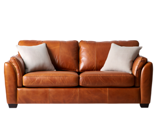 Elegant Cognac Leather Sofa with Striped Cushions on Black Background, Modern Leather Couch with White Cushions Against Dark Backdrop
