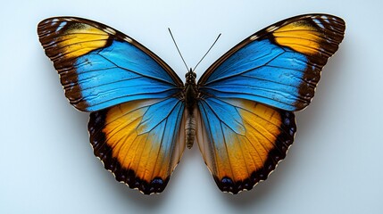 Vibrant blue and orange butterfly, studio shot, white background, natural beauty