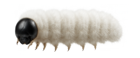 Moth larva with fuzzy white body and black head capsule