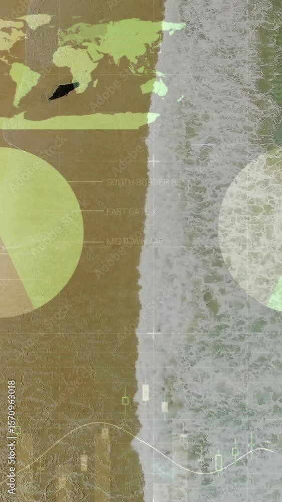 Poster animation of financial graphs and data over beach and sea