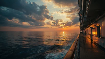 Sunset view from a cruise ship deck over calm ocean waters with dramatic clouds and golden reflections, perfect for travel promotions, cruise brochures and summer escape visuals © gleb