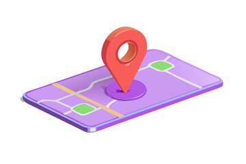 Isometric 3d illustration of a red map pin on a purple digital map with streets and green areas