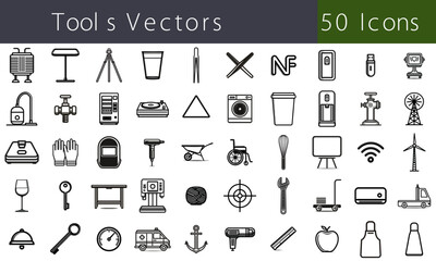 50 Vector Icons Set – Smart Tools, Kitchenware, Medical Equipment, Industrial Devices, and Utility Symbols in Line Style