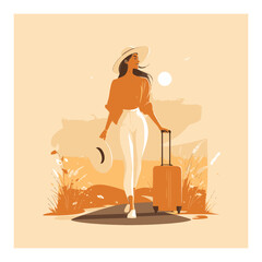 Woman Walking with Luggage on a Scenic Path in Warm Color Palette