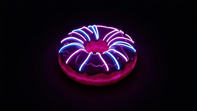 A vibrant neon donut illuminated with blue and pink glowing lines against a dark background.