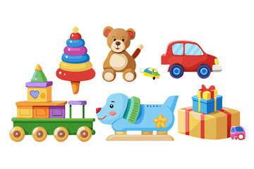 Fototapeta premium Collection of colorful children s toys including a train teddy bear stacking rings cars and gifts
