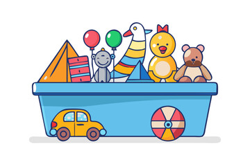 Obraz premium A blue toy box overflowing with colorful toys including a teddy bear duck monkey balloons and a car