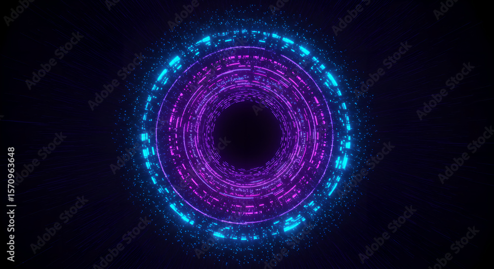 Poster abstract purple and blue light tunnel. futuristic digital portal with a cyber glow backdrop for tech