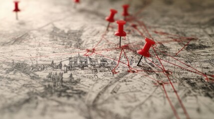 The map adorned with red pins indicating various travel destinations and connections.