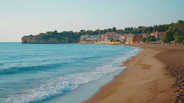 Serene beach scene, cliffside town under warm light