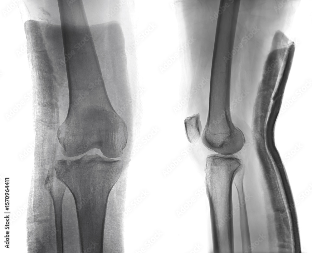 Poster x-ray image revealing a femur fracture in the knee, with a splint applied to maintain bone alignment