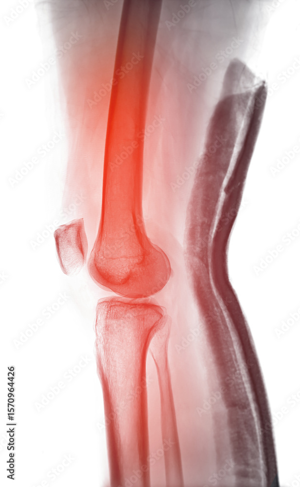 Poster x-ray image revealing a femur fracture in the knee, with a splint applied to maintain bone alignment
