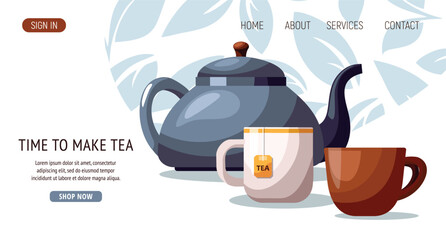 Blue ceramic teapot and a cup of herbal tea, lemon slices. Design for template, banner, poster, website, flyer.