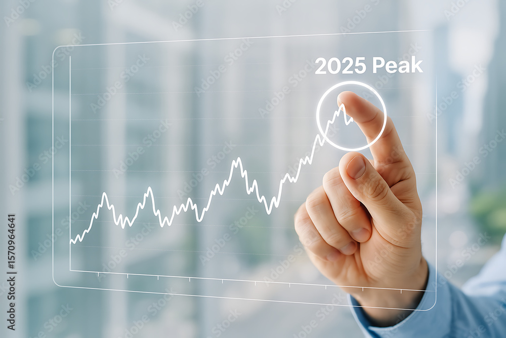 Aufkleber a hand pointing at a graph with the words peak and the year twenty twenty five on a glass screen