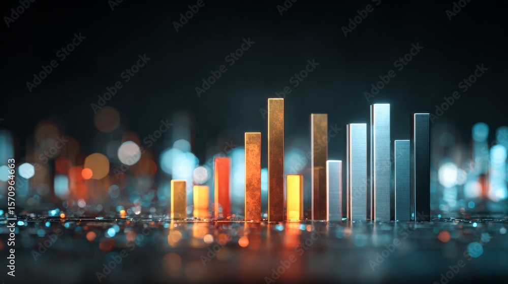 Poster perspective view of a d bar graph with bars gradually increasing in height, set against a dark backg