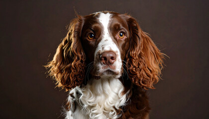 the image is a close up studio shot of a dog's head and upper chest against a dark brown background. the dog has long, curly, dark brown hair on its ears and the sides of its face