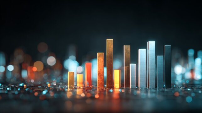 Perspective view of a D bar graph with bars gradually increasing in height, set against a dark background with subtle light effects