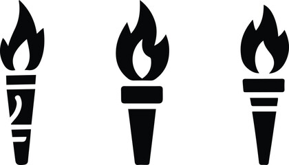 Torch Icon Set – Burning Flame, Symbol of Light, and Fire Torch in Black Silhouette Style.