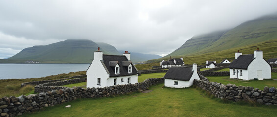 Whitewashed Stone Croft Houses with Black Slate or Thatched Roofs on Isle of Skye Scotland