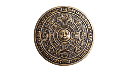 Ancient bronze circular disc artifact isolated on transparent background