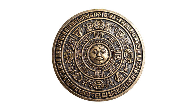 Ancient bronze circular disc artifact isolated on transparent background