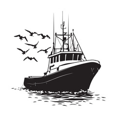 Fototapeta premium Commercial Fishing Boat Silhouette Illustration Seagulls Flying Maritime Scene 