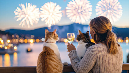 seen from behind, a person in a textured sweater observes distant fireworks over the water alongside two cats