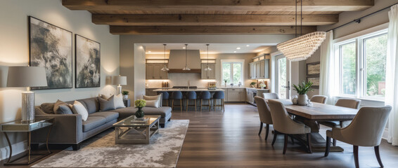 Chic Open-Plan Living and Dining Area Blending Rustic Charm with Glam Details