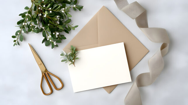 Flat lay of blank Christmas card with envelope, twine, scissors, and festive greenery on beige background. Ideal mockup for seasonal greetings or invitation design.