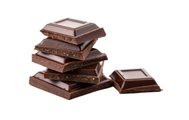 Stack of dark chocolate squares isolated on transparent background