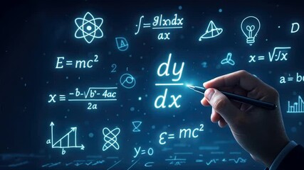 Futuristic workspace with floating mathematical symbols and equations glowing in light blue and white. A hand uses a stylus to interact with the equations, embodying ai learner and virtual equation - Powered by Adobe