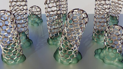 A 3D rendering showing carbon nanotubes growing from catalyst particles on a surface during Chemical Vapor Deposition (CVD), specifically the base-growth model.