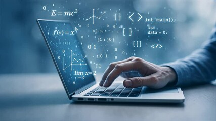 Person typing on a laptop with hand over keyboard surrounded by floating abstract digital mathematical formulas, symbolizing ai learner and virtual equation - Powered by Adobe