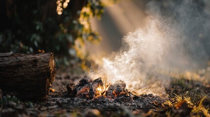Wisps of light smoke escaping from a campfire surrounded by charred wood, set in a peaceful forest clearing with soft, natural tones