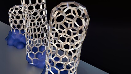 A 3D rendering showing carbon nanotubes growing from catalyst particles on a surface during Chemical Vapor Deposition (CVD), specifically the base-growth model.