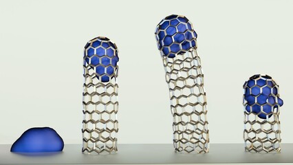 A 3D rendering showing the tip-growth model of carbon nanotubes, where the catalyst particle lifts off the surface and stays at the growing tip during CVD.