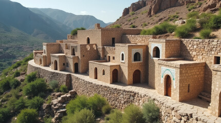 Ancient Stone Houses with Intricate White Geometric Windows in Rijal Alma Saudi Arabia