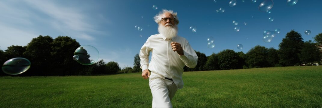 Elderly caucasian male running in park amid bubbles on sunny day
