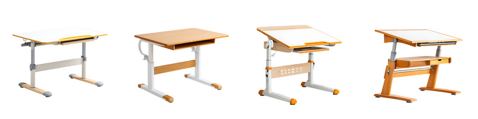 Collection of Adjustable School Desks on White Background