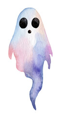Ghost illustration with watercolor effects, featuring soft colors and a whimsical design, perfect for Halloween-themed decor