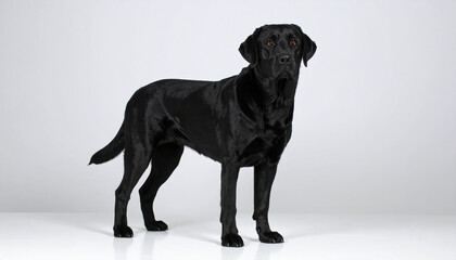 the image shows a sleek, black dog standing on a reflective surface. the animal is squarely facing the viewer, with its head slightly turned to the side. its coat is shiny, and its ears are relaxed