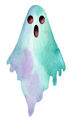 Colorful watercolor ghost illustration with vibrant shades of green and purple expressing a surprised emotion