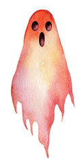 Whimsical watercolor ghost illustration with eyes and mouth in shades of orange and pink