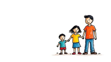 Child hand drawn art showing father holding hands with daughter and son, symbolizing Father being alone with children and family instability