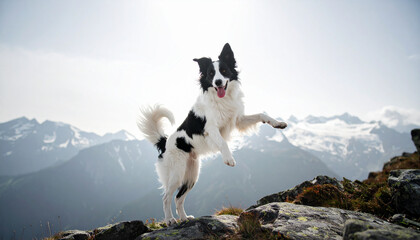 the image shows a medium sized dog mid air on a rocky slope. the animal is mostly white with black markings and has its tongue sticking out